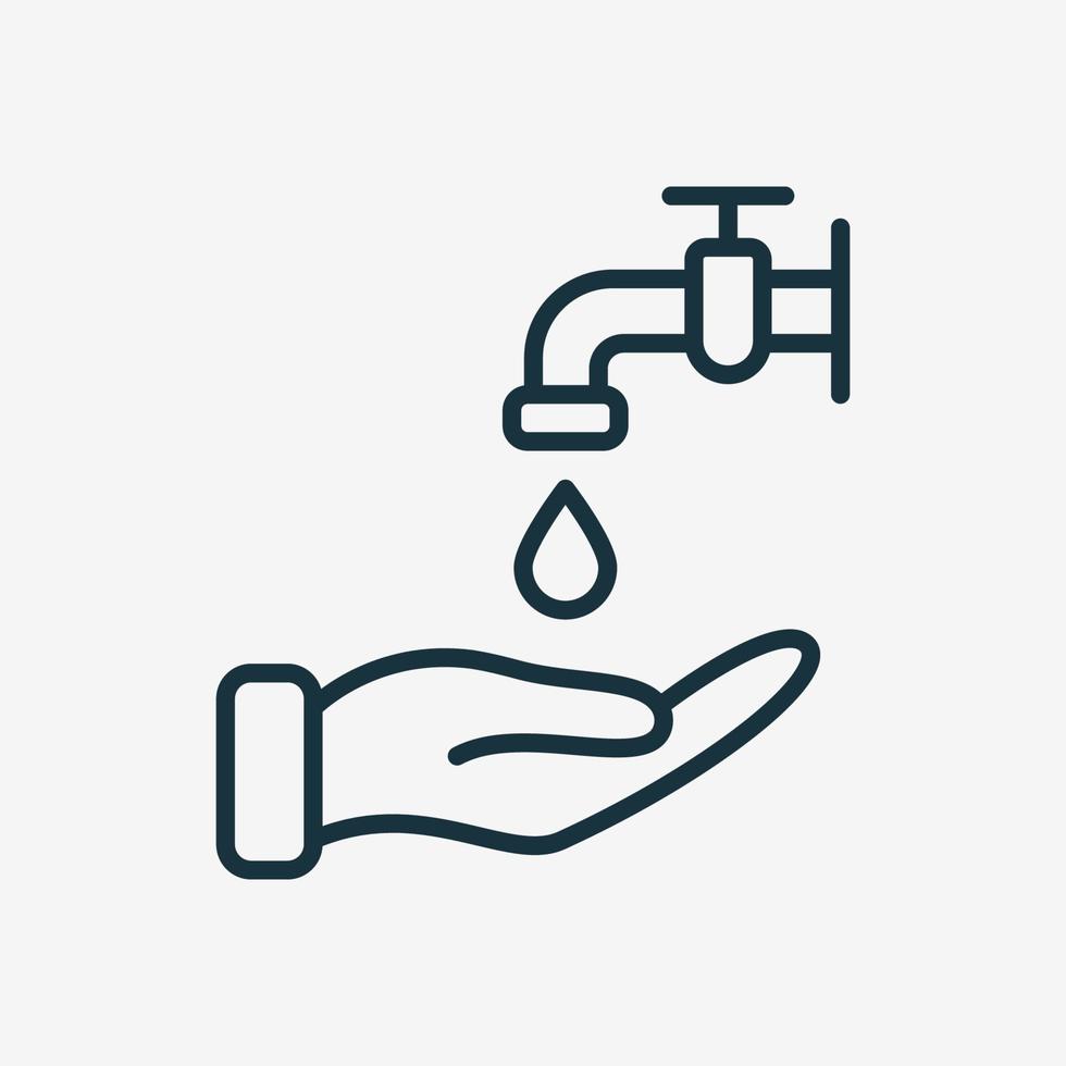 lavez-vous l'icône de la ligne des mains. goutte d'eau, robinet ou robinet, icône linéaire de la main humaine. précautions contre les virus et les bactéries. pictogramme de prévention pour affiche médicale. illustration vectorielle. vecteur