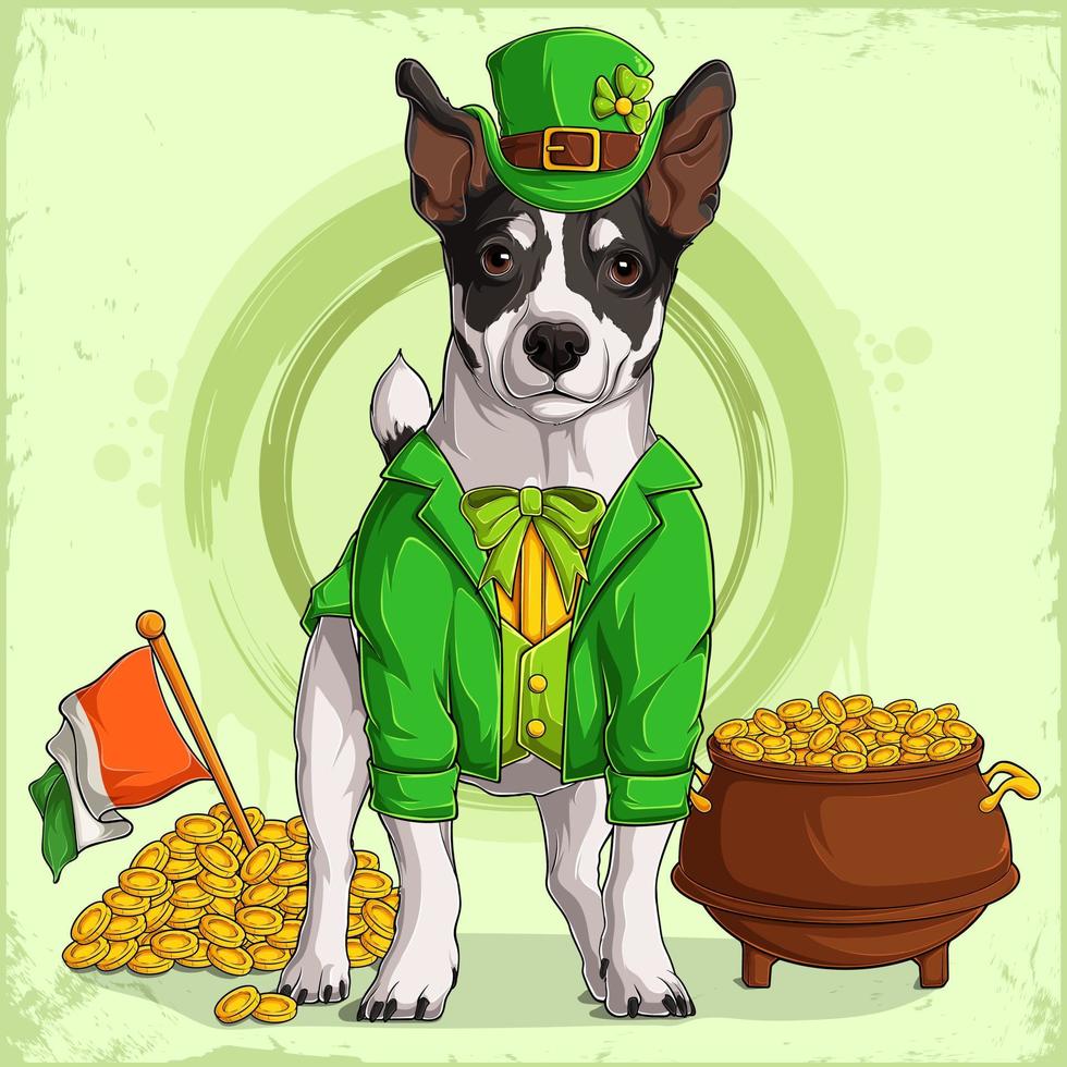 St patrick's jack russell dog in leprechaun hat and suit avec un pot de pièces d'or et le drapeau irlandais vecteur