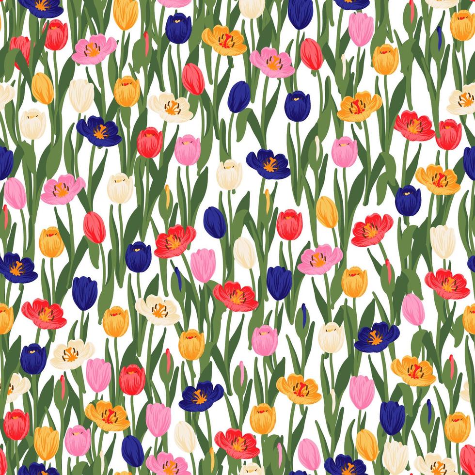 motif floral sans couture tulipes rouges, jaunes, violettes, roses et feuilles vertes. fond de fleurs de printemps pour l'emballage, textile, papier peint, scrapbook, pâques, mères heureuses, journée de la femme. conception de dessin animé plat vecteur