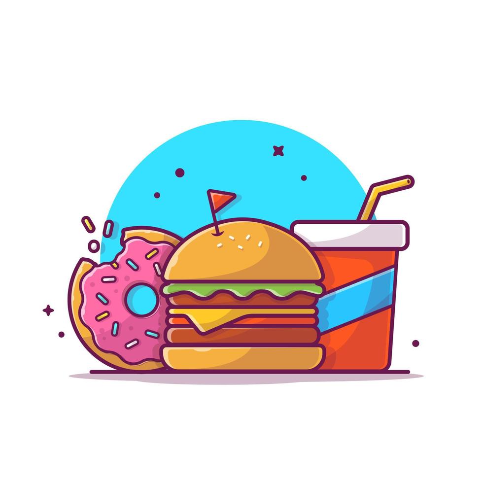 burger, boisson gazeuse et illustration d'icône de vecteur de dessin animé de beignet. concept d'icône d'objet alimentaire isolé vecteur premium. style de dessin animé plat