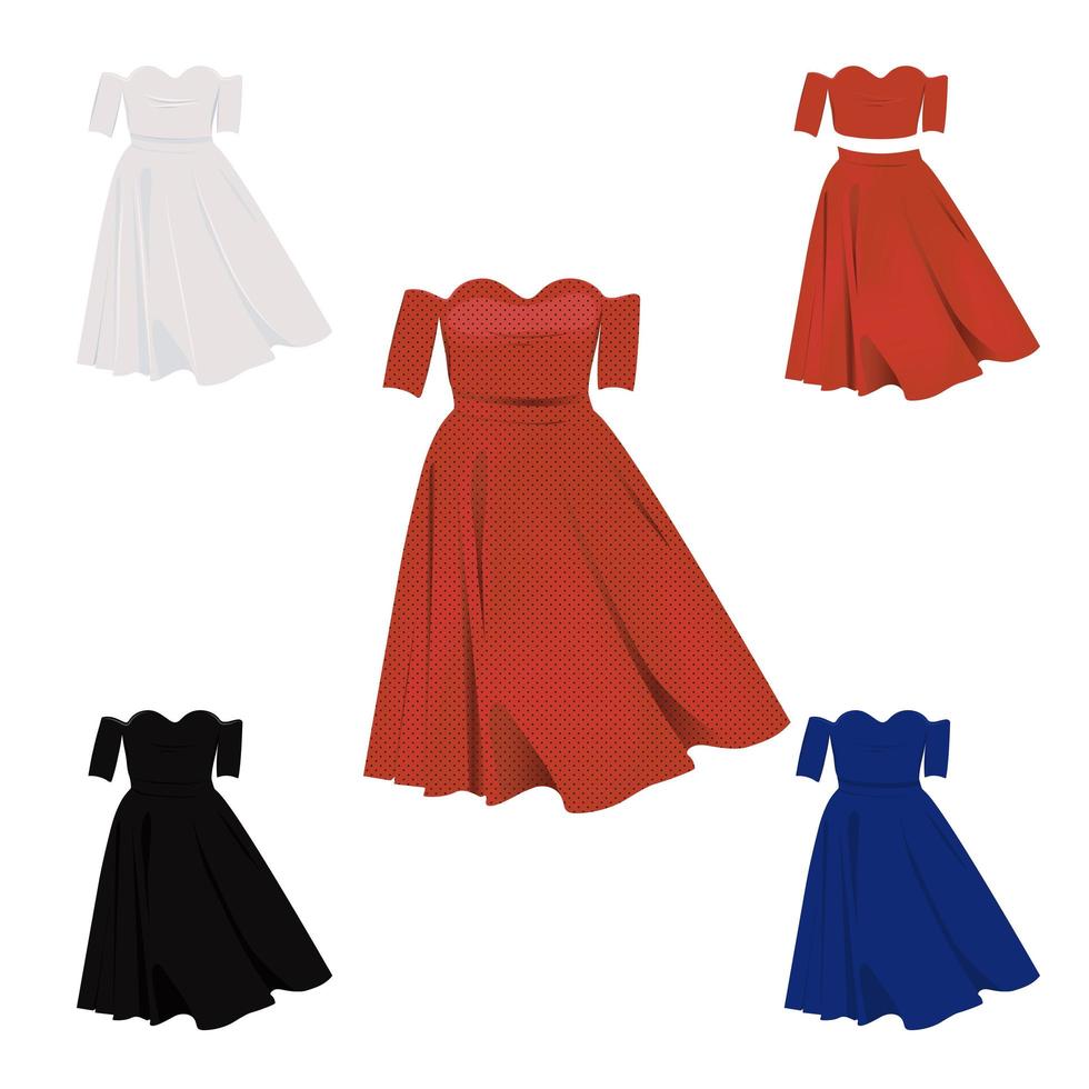 robe sans épaule dans les couleurs rouge, blanc, bleu et noir. vecteur