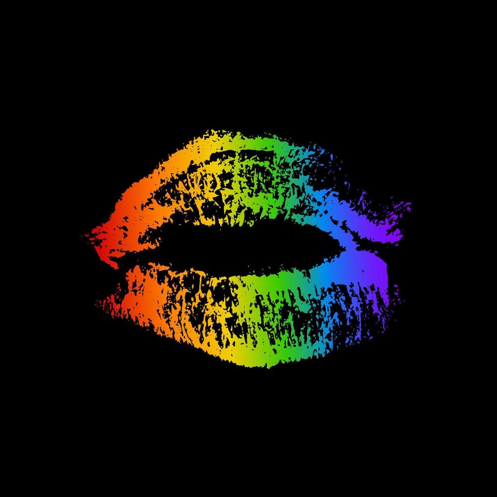 baiser de rouge à lèvres arc-en-ciel sur fond noir. symbole de la communauté lgbt. illustration vectorielle de la fierté gay. empreinte des lèvres. journée internationale contre l'affiche, le signe, la carte de voeux, le dépliant, l'autocollant de la journée internationale contre l'homophobie. vecteur