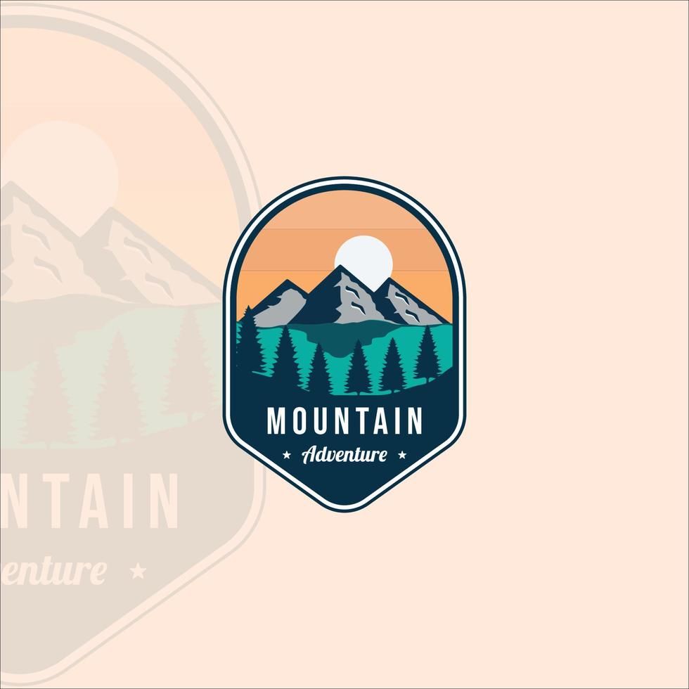 conception graphique d'icône de modèle d'illustration vectorielle de logo d'emblème de montagne en plein air. signe ou symbole d'aventure avec pins et lac ou rivière avec soleil vecteur