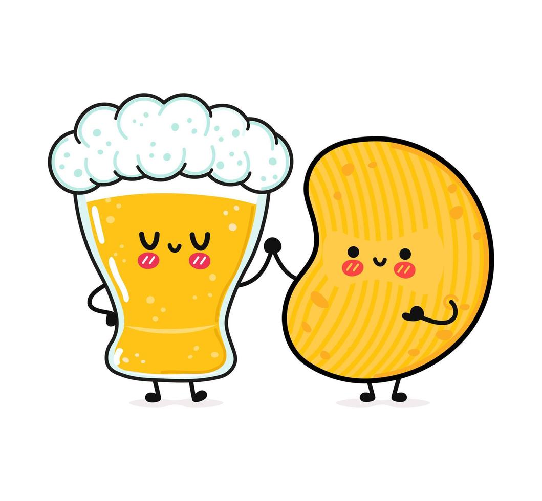 verre heureux mignon et drôle de bière et de frites. personnages de kawaii de dessin animé dessinés à la main de vecteur, icône d'illustration. verre de dessin animé drôle de concept de personnage de mascotte de bière et frites vecteur