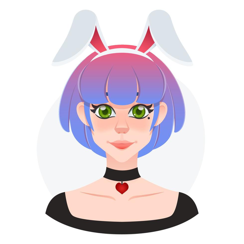 avatar de dessin animé de jolie jeune femme. beauté des cheveux courts avec accessoire oreilles de lapin. fille au pays des merveilles. coiffure dégradée vecteur