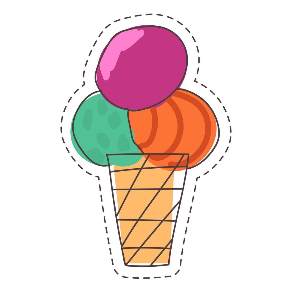 crème glacée colorée dessinée à la main avec trois boules-orange vert pistache violet dans la tasse à gaufres avec compteur noir pointillé. graphiques de t-shirt de carte d'affiche d'autocollant de main libre. vecteur
