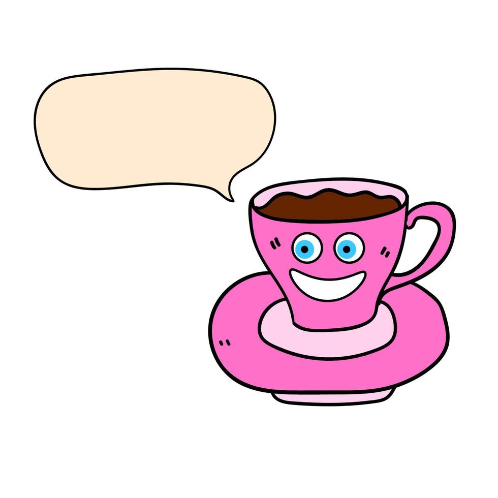 dessin animé doodle personnage de tasse à thé linéaire et soucoupe avec bulle de dialogue isolé sur fond blanc. vecteur