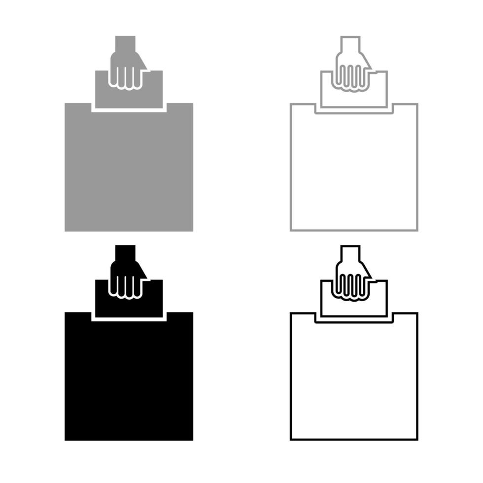 La main met un blanc dans une boîte pour la suggestion l'électeur jette un contour d'icône de ticket ensemble de couleur gris noir vecteur