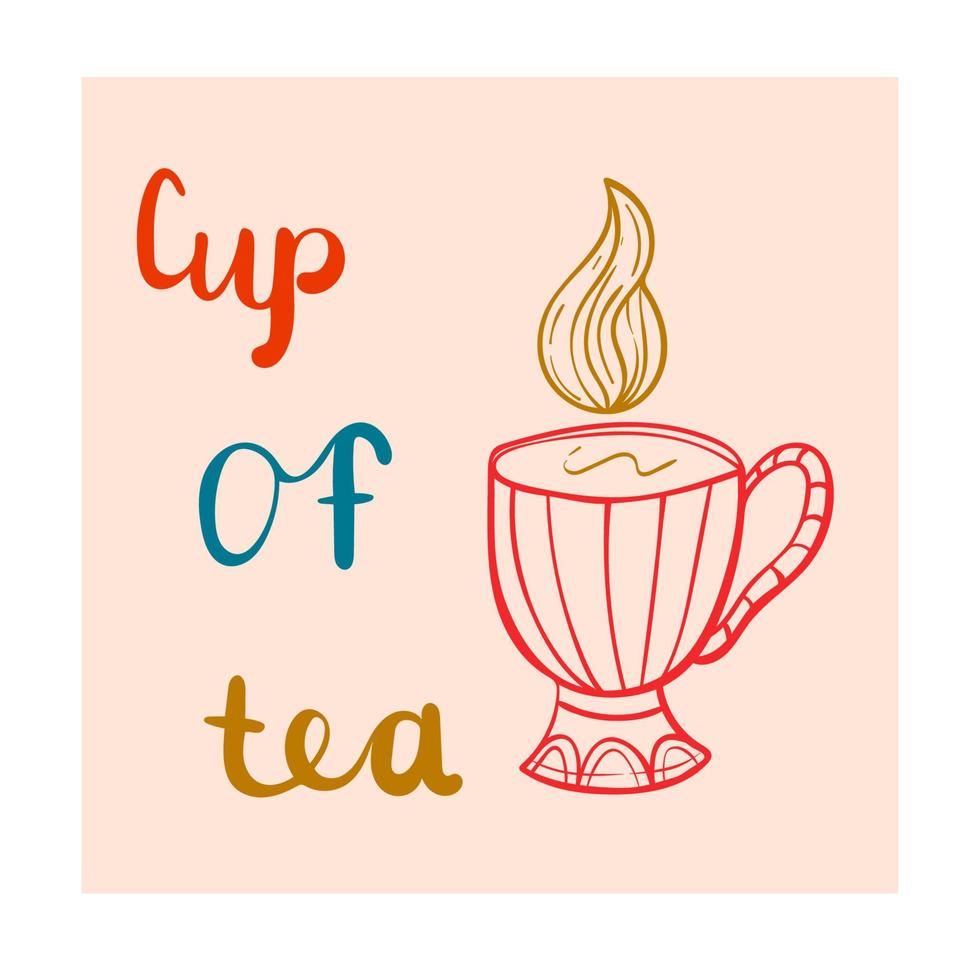 jolie carte postale avec lettrage et tasse de thé sur fond rose pastel. vecteur
