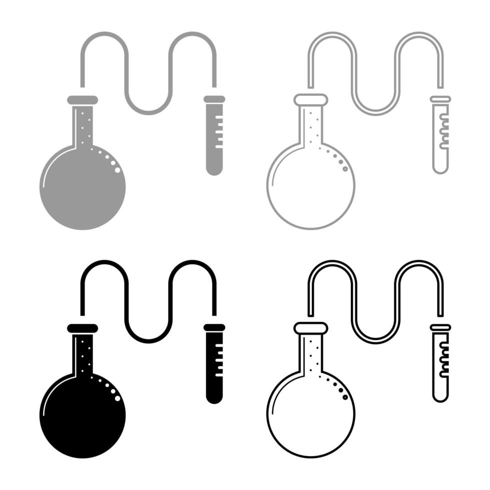 flacon de distillation d'huile pour réactifs chimiques avec tube à essai à l'aide d'un ensemble d'icônes de concept de réaction chimique à tube mince illustration de couleur gris noir contour image simple de style plat vecteur