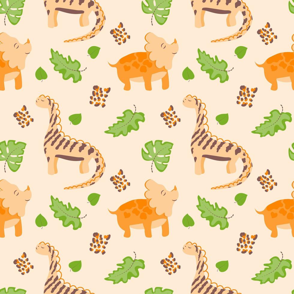 motif sans couture sur le fond. dinosaures mignons avec des feuilles tropicales. reptiles du Jurassique. convient aux textiles et aux emballages pour bébés. vecteur