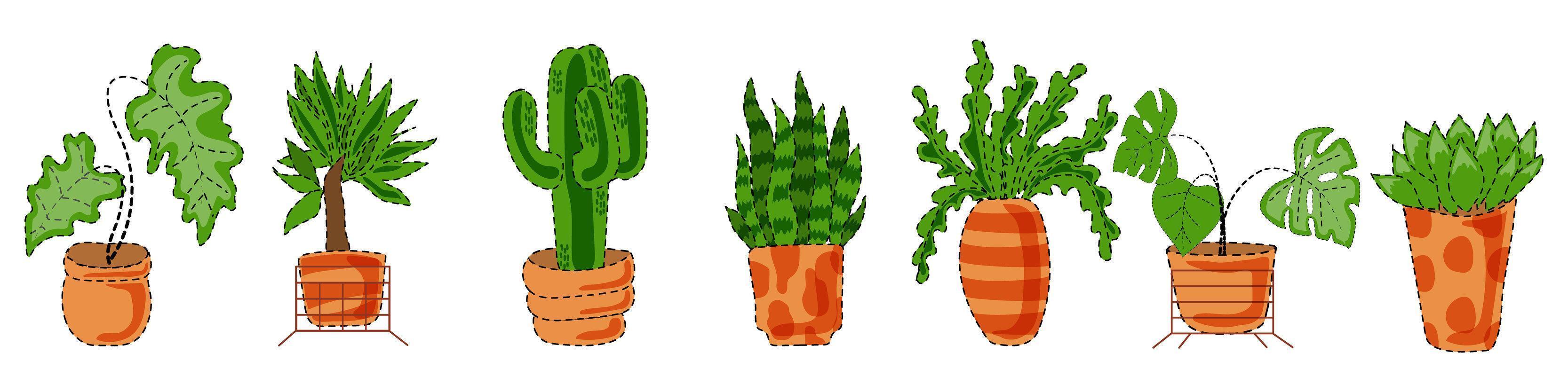 un ensemble de plantes d'intérieur dans divers pots. monstera exotique, dracaena, cactus et autres décorations d'espaces verts. vecteur