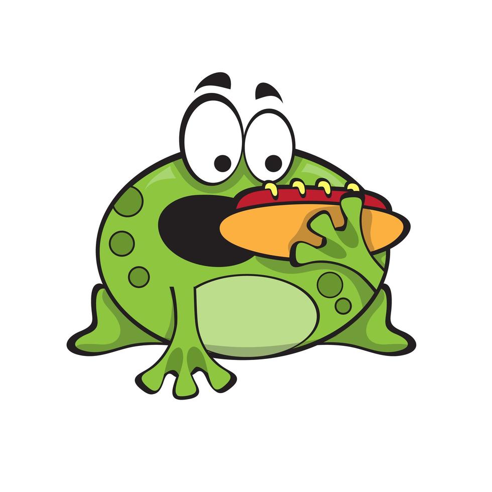 jolie grenouille verte avec hot-dog, personnage de dessin animé isolé sur fond blanc vecteur