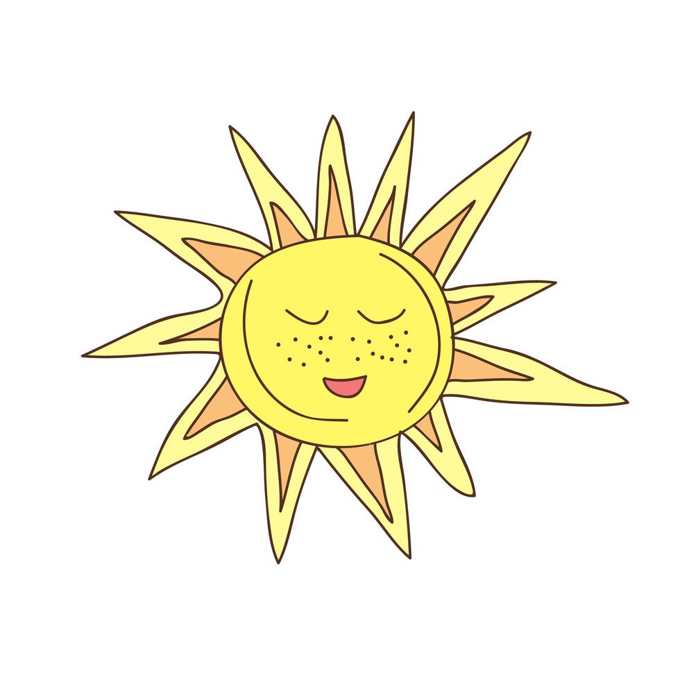 mignon personnage de soleil drôle. soleil dessiné à la main de vecteur isolé sur fond blanc