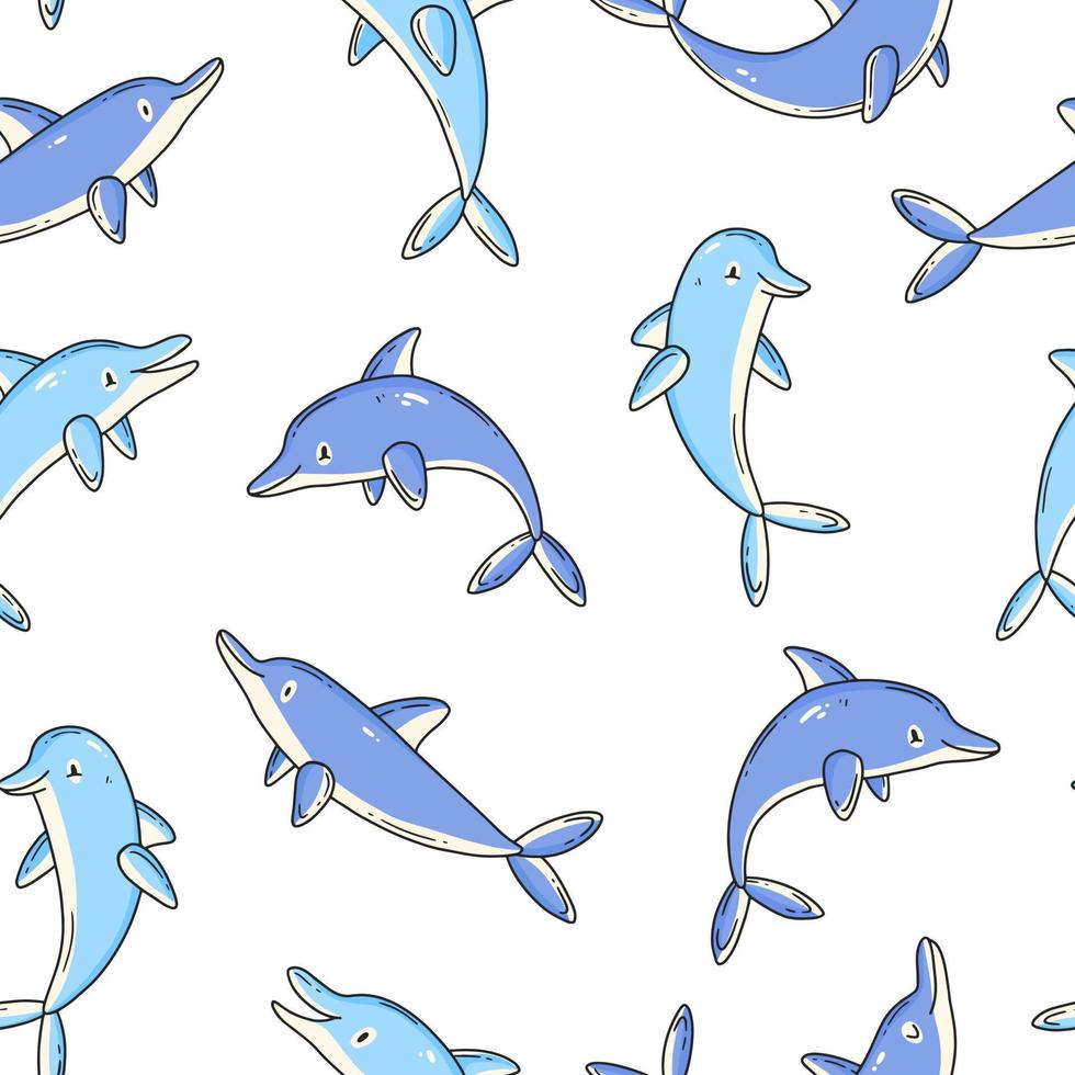 modèle sans couture avec des dauphins mignons dans un style de doodle de dessin animé. fond d'illustration vectorielle. vecteur