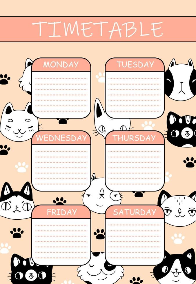 calendrier des enfants mignons avec des chats et des pattes dans le style de dessin animé doodle. calendrier rose avec des animaux marrants. illustration vectorielle. vecteur