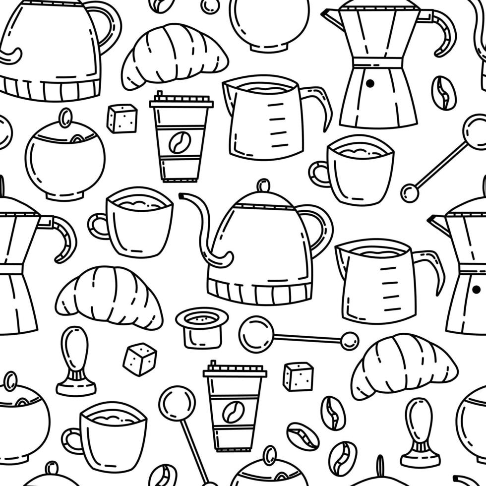 motif de doodle sans couture avec accessoires de café et de café. mignon vecteur doodle illustration pour la conception.