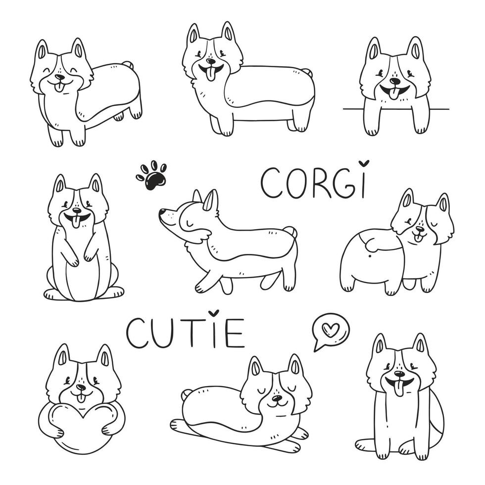 ensemble de chiens corgi mignons noirs et blancs dans un style simple de doodle. illustration vectorielle. vecteur