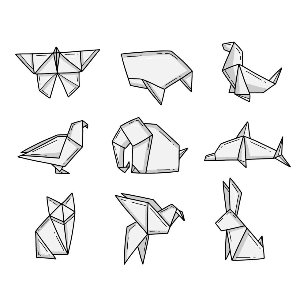 ensemble noir et blanc d'animaux origami dans un style simple de doodle. illustration vectorielle isolée sur fond blanc. vecteur