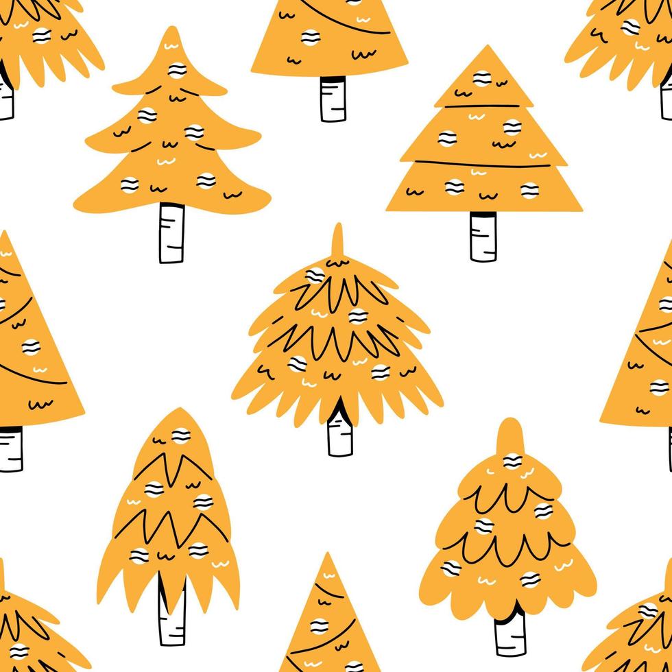 modèle sans couture avec de jolis arbres de noël jaunes dans un style doodle. fond d'illustration de Noël de vecteur. joyeux Noël. vecteur