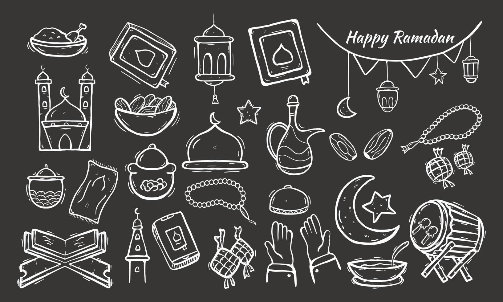 ensemble d'éléments de doodle islamiques liés au houx ramadan. concept de design symboles et icônes islamiques avec style de croquis dessiné à la main vecteur