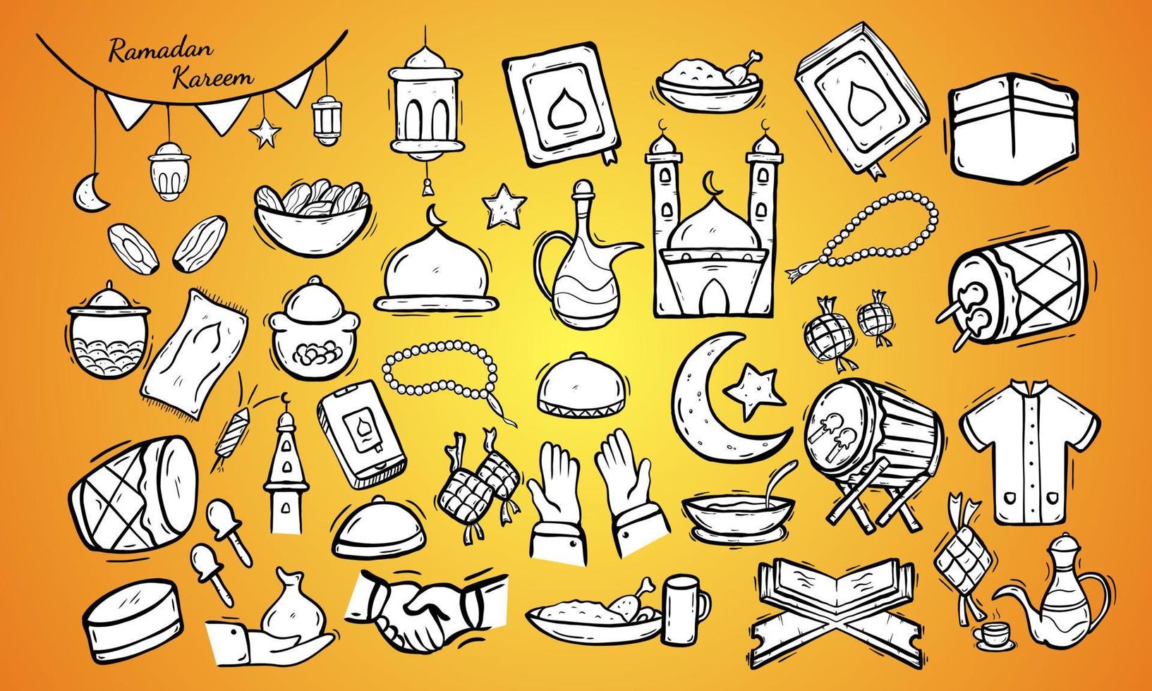 ensemble d'éléments de doodle islamiques liés au houx ramadan. concept de design symboles et icônes islamiques avec style de croquis dessiné à la main vecteur