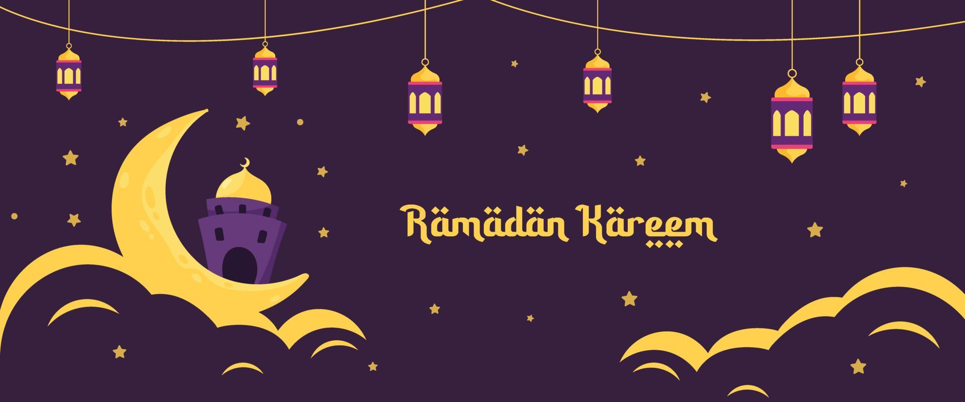 illustration de ramadan kareem avec concept de croissant de lune, de mosquée et de lanterne. style de bande dessinée design plat vecteur