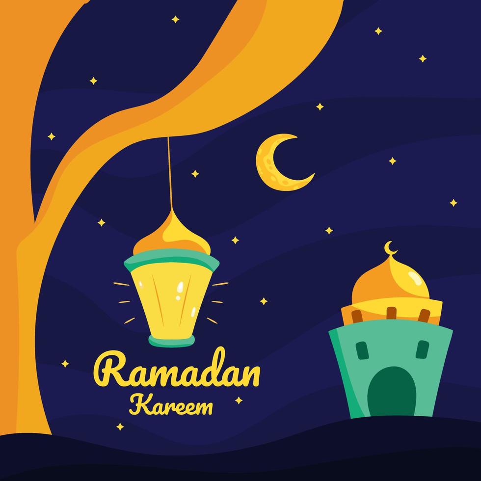 illustration de ramadan kareem avec concept de croissant de lune, de mosquée et de lanterne. style de bande dessinée design plat vecteur