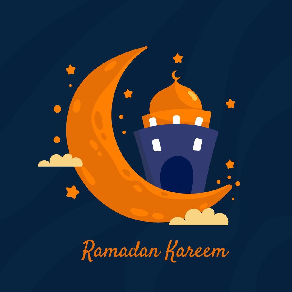 illustration de ramadan kareem avec concept de croissant de lune et de mosquée. style de bande dessinée design plat vecteur