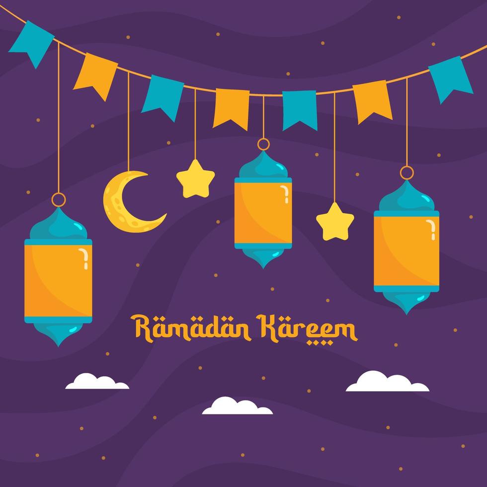 illustration de ramadan kareem avec concept de croissant de lune et de lanterne. style de bande dessinée design plat vecteur