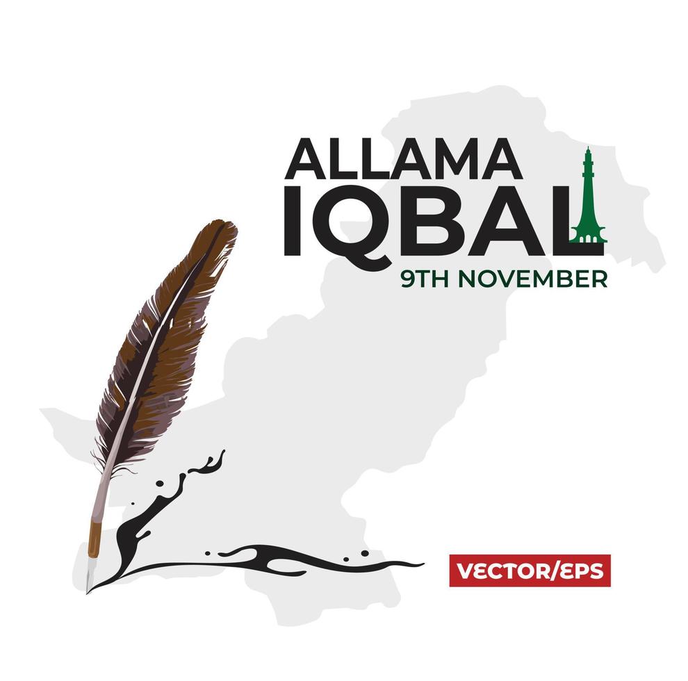 allama iqbal day 9 novembre avec plume et carte du pakistan en arrière-plan vecteur