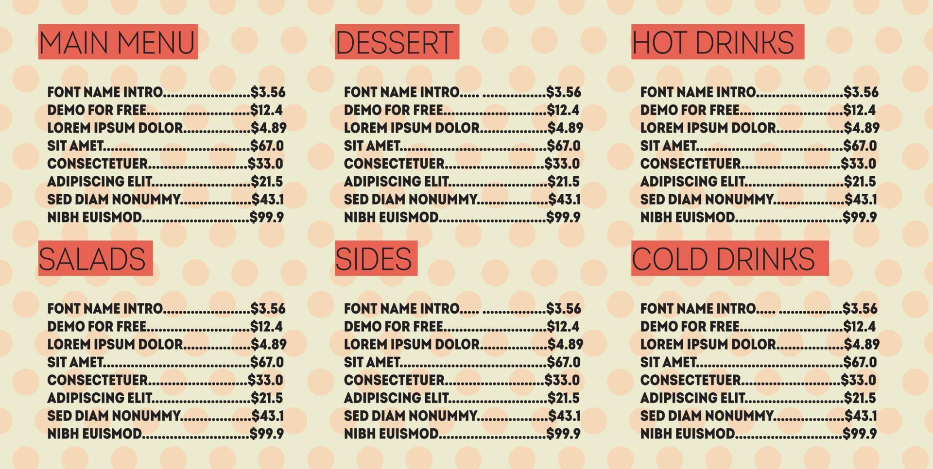 menu pour restaurant ou café en police fantaisie et couleurs vives et éclatantes comme l'orange, le jaune et le rouge. comprend le menu principal, les salades, les accompagnements, les boissons chaudes, froides, les boissons non alcoolisées et les desserts. vecteur