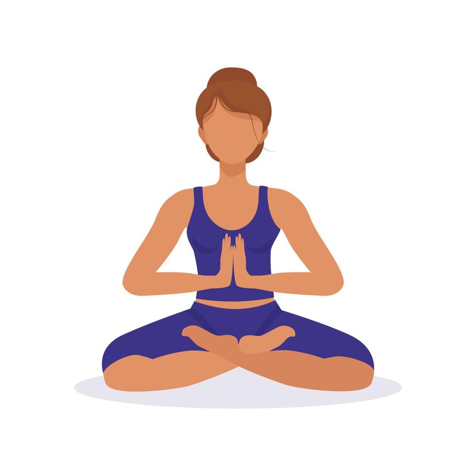 la fille fait du yoga, s'assoit dans la position du lotus et médite. illustration vectorielle de sports et mode de vie sain. ancienne pratique indienne de développement spirituel, de santé et d'harmonie. vecteur