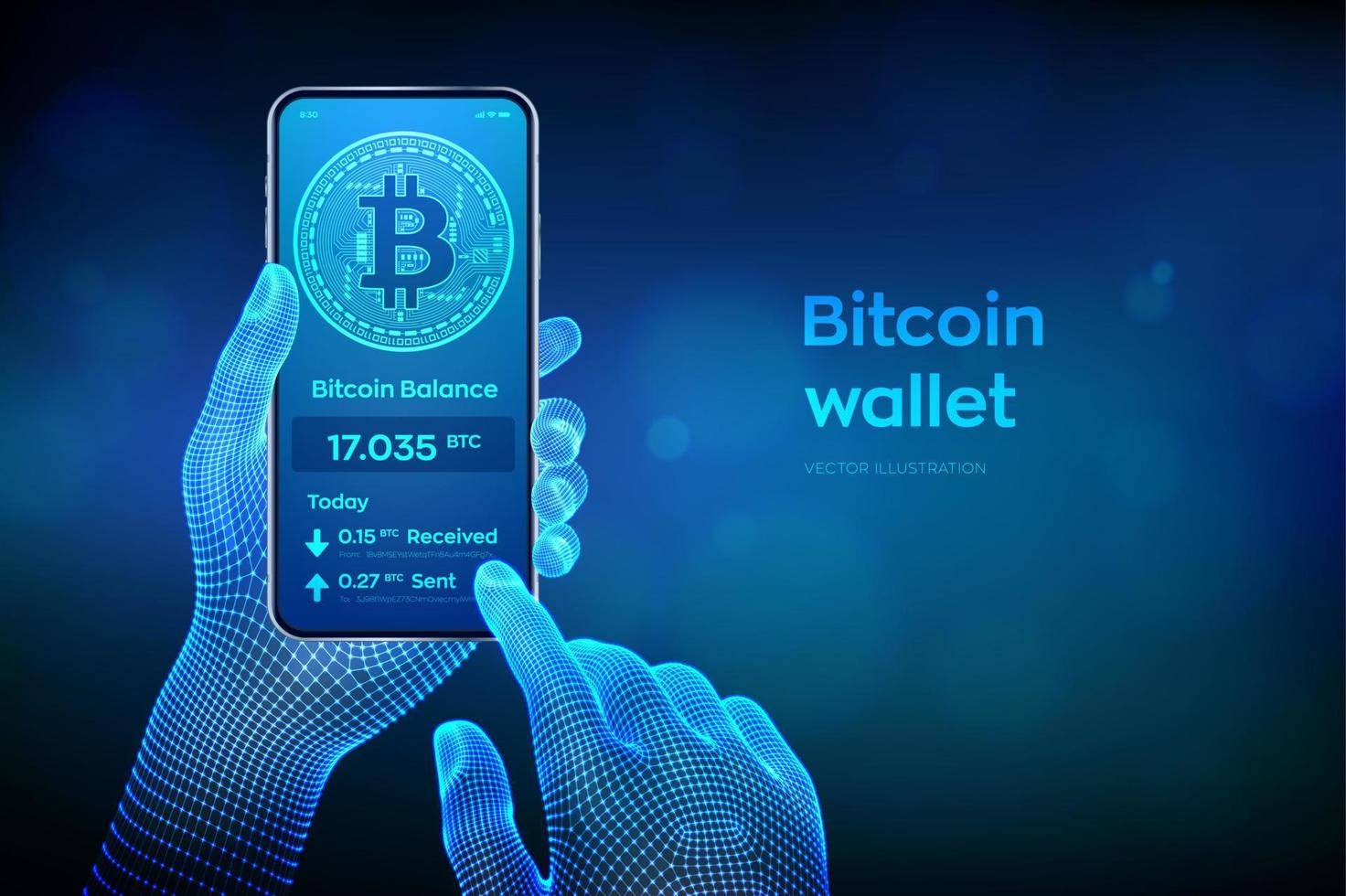 interface de portefeuille bitcoin sur l'écran du smartphone. paiements de crypto-monnaie et concept d'argent numérique basé sur la technologie blockchain. closeup téléphone portable dans les mains filaires. illustration vectorielle. vecteur