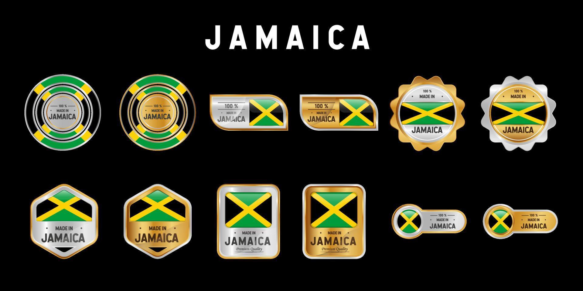fabriqué en étiquette, timbre, badge ou logo jamaïque. avec le drapeau national de la Jamaïque. sur les couleurs platine, or et argent. emblème premium et luxe vecteur