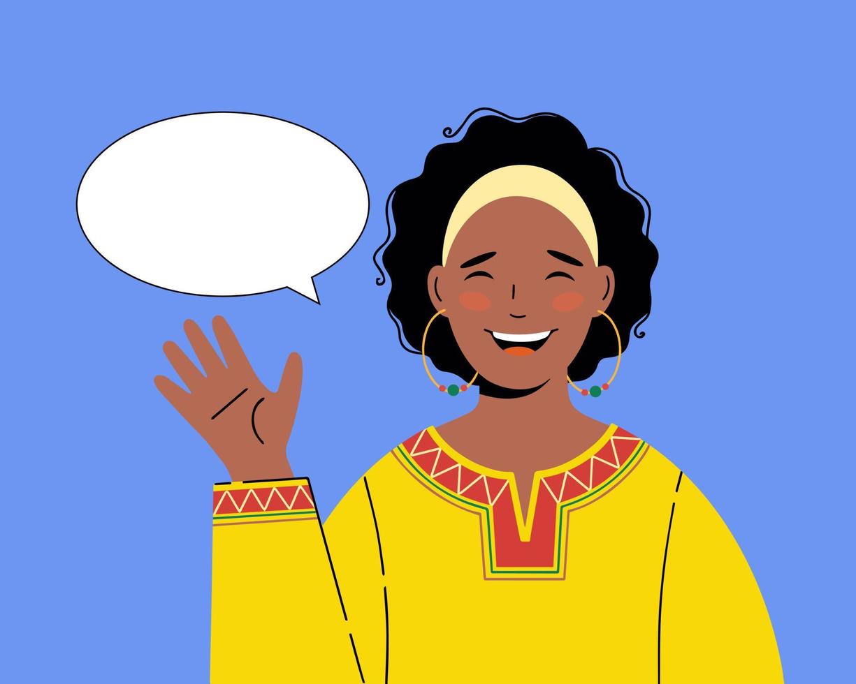 illustration d'une belle femme noire avec un geste de bienvenue. femme salue vecteur