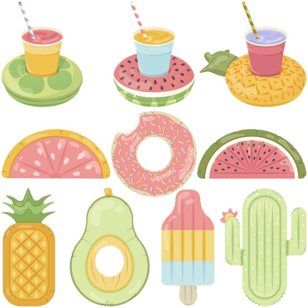un ensemble d'icônes de matelas gonflables de différentes formes pour les fêtes à la piscine, les vacances à la plage et les vacances à l'hôtel vecteur