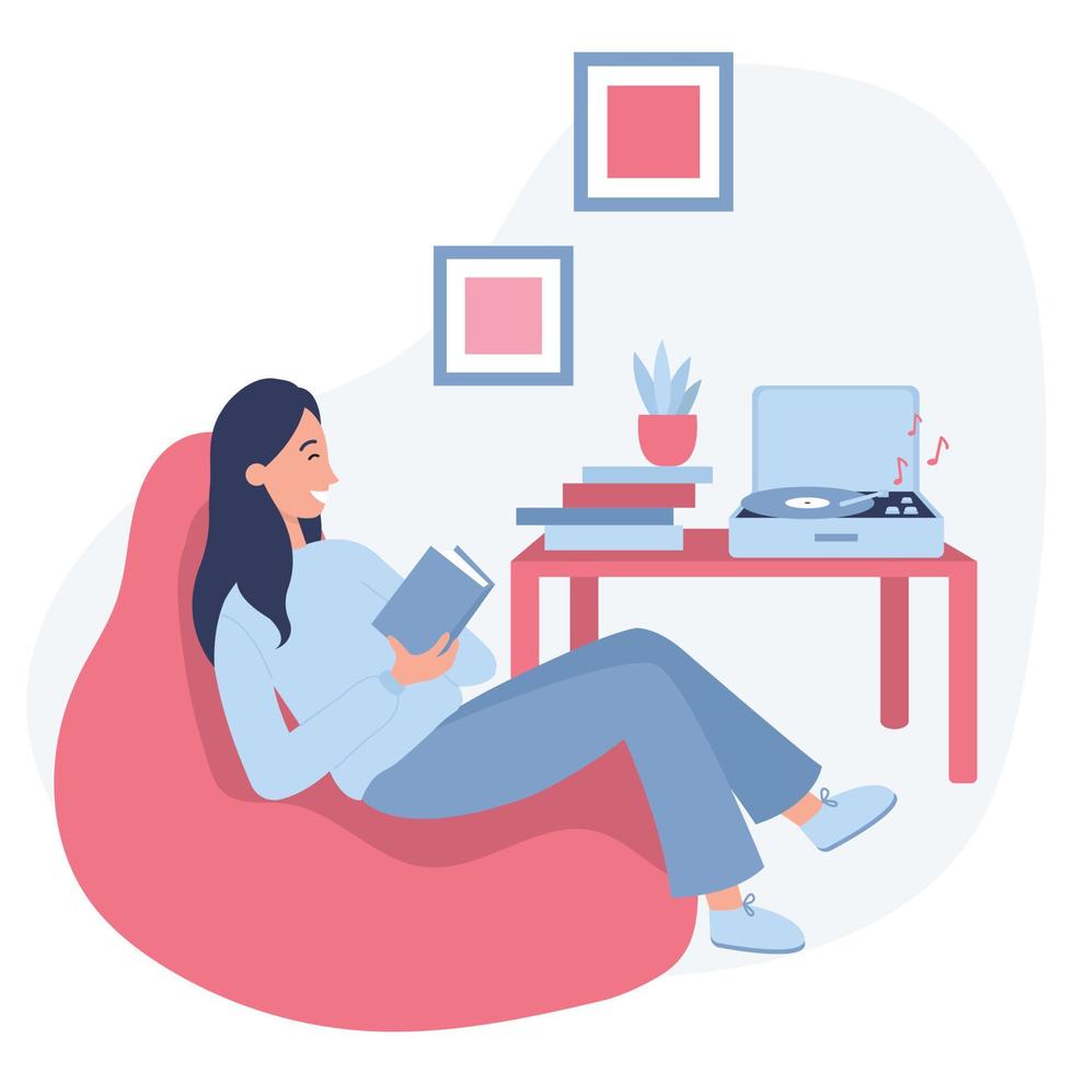 fille assise avec un livre à la maison dans un fauteuil poire. femme écoutant de la musique. illustration vectorielle plane sur fond blanc. vecteur