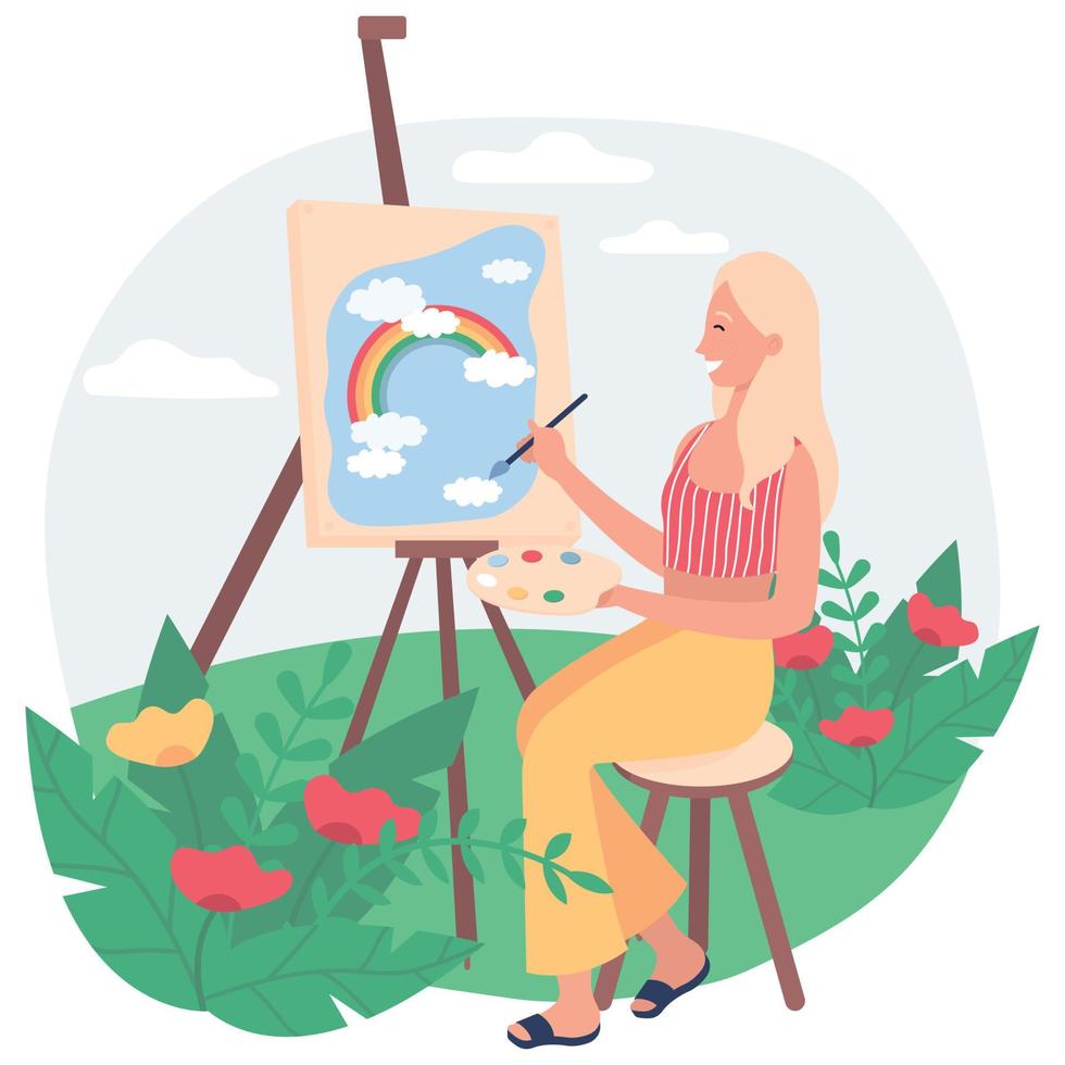 concept de plein art. artiste féminine dessinant en plein air à l'extérieur. femme peignant le ciel et l'arc-en-ciel sur toile. illustration vectorielle plane sur fond blanc. vecteur