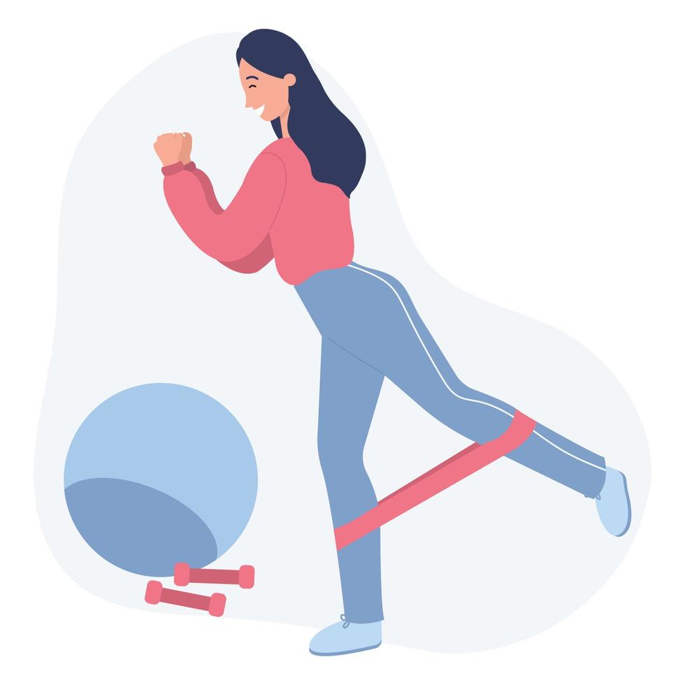 femme travaillant avec boucle de bande de résistance. routine de musculation à la maison. exercices pour les jambes et les fesses. illustration vectorielle plane sur fond blanc. vecteur