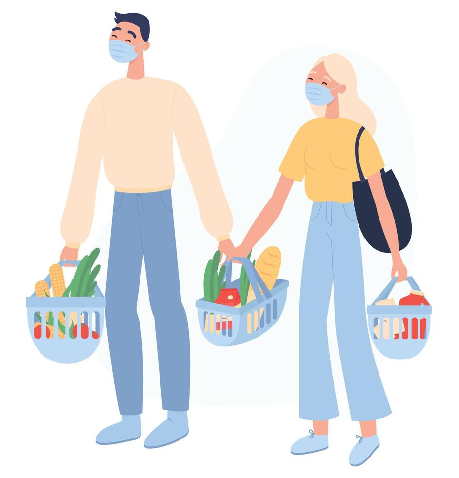 illustration vectorielle plane. jeune couple en masque facial achetant des produits d'épicerie en magasin. faire du shopping en quarantaine. confinement vecteur