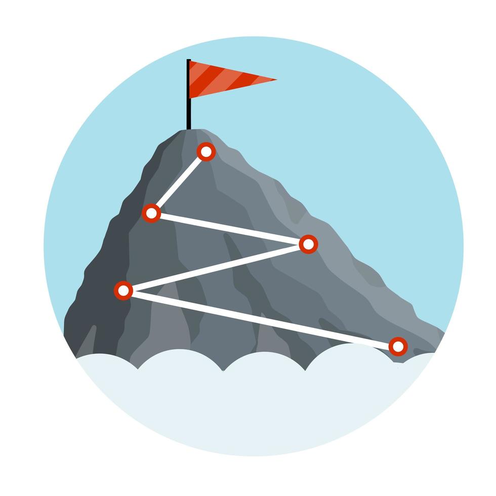 montagne d'escalade avec drapeau rouge. points et étapes du parcours. vecteur