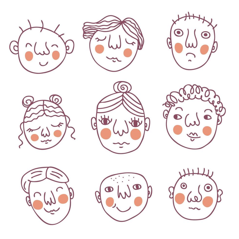 collection de croquis de doodle avec des visages de personnes. vecteur