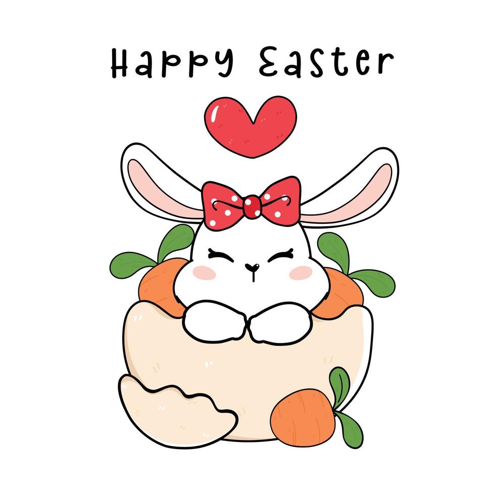 mignon lapin blanc heureux avec un arc rouge dans un bouclier d'oeuf cassé et des carottes, contour de dessin de dessin animé mignon vecteur