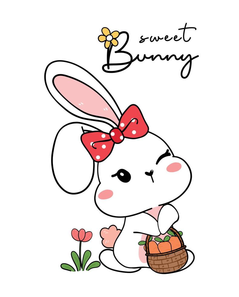mignon doux lapin blanc heureux bébé lapin avec un arc rouge hodling panier de carottes, lapin doux, vecteur de contour de dessin de dessin animé