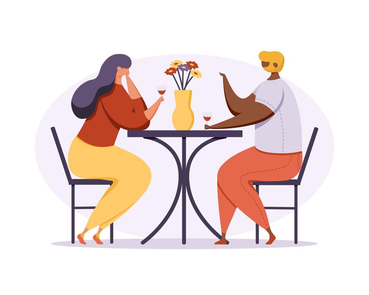 homme et femme heureux assis à table et buvant du vin. vecteur