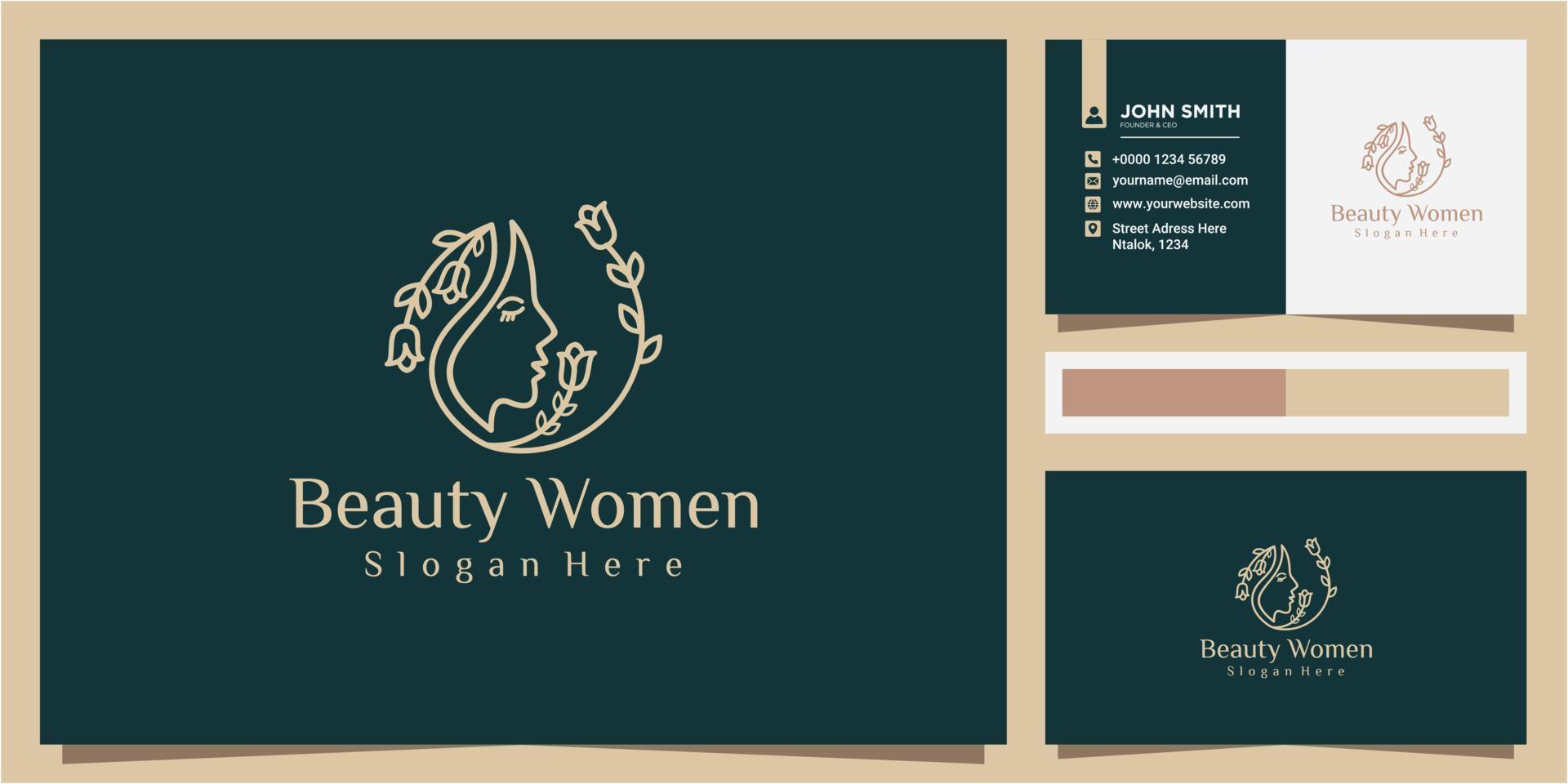 inspiration de conception de logo de femmes de beauté avec carte de visite pour les soins de la peau, visage de beauté avec combinaison de fleurs vecteur