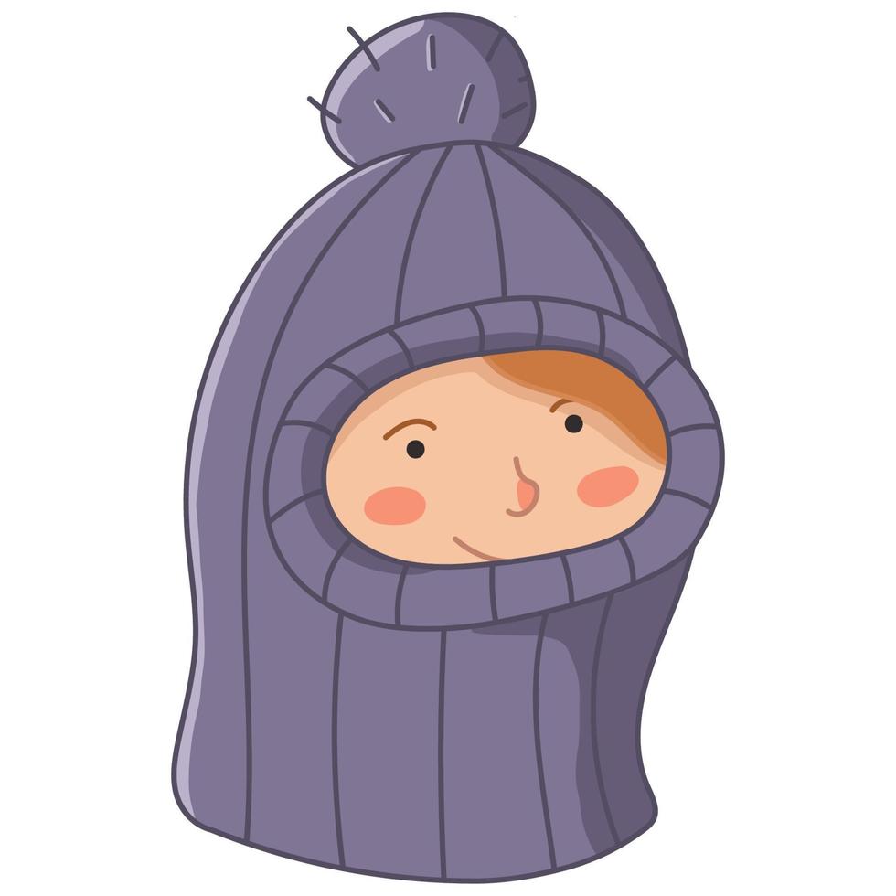 personnage de dessin animé mignon fille en chapeau cagoule tricoté violet vecteur