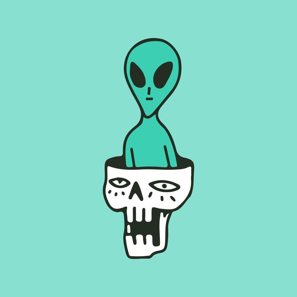 extraterrestre sur la tête du crâne, illustration pour t-shirt, autocollant ou marchandise vestimentaire. avec un style de dessin animé rétro. vecteur