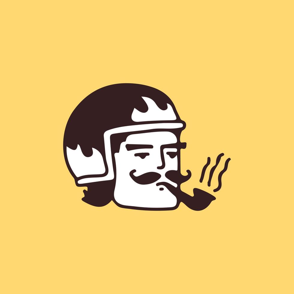 homme moustache portant un casque et une pipe à fumer, illustration pour t-shirt, autocollant ou marchandise vestimentaire. avec un style de dessin animé rétro. vecteur